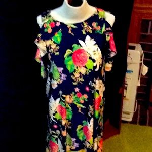 Floral mid length dress with cut out sleeves